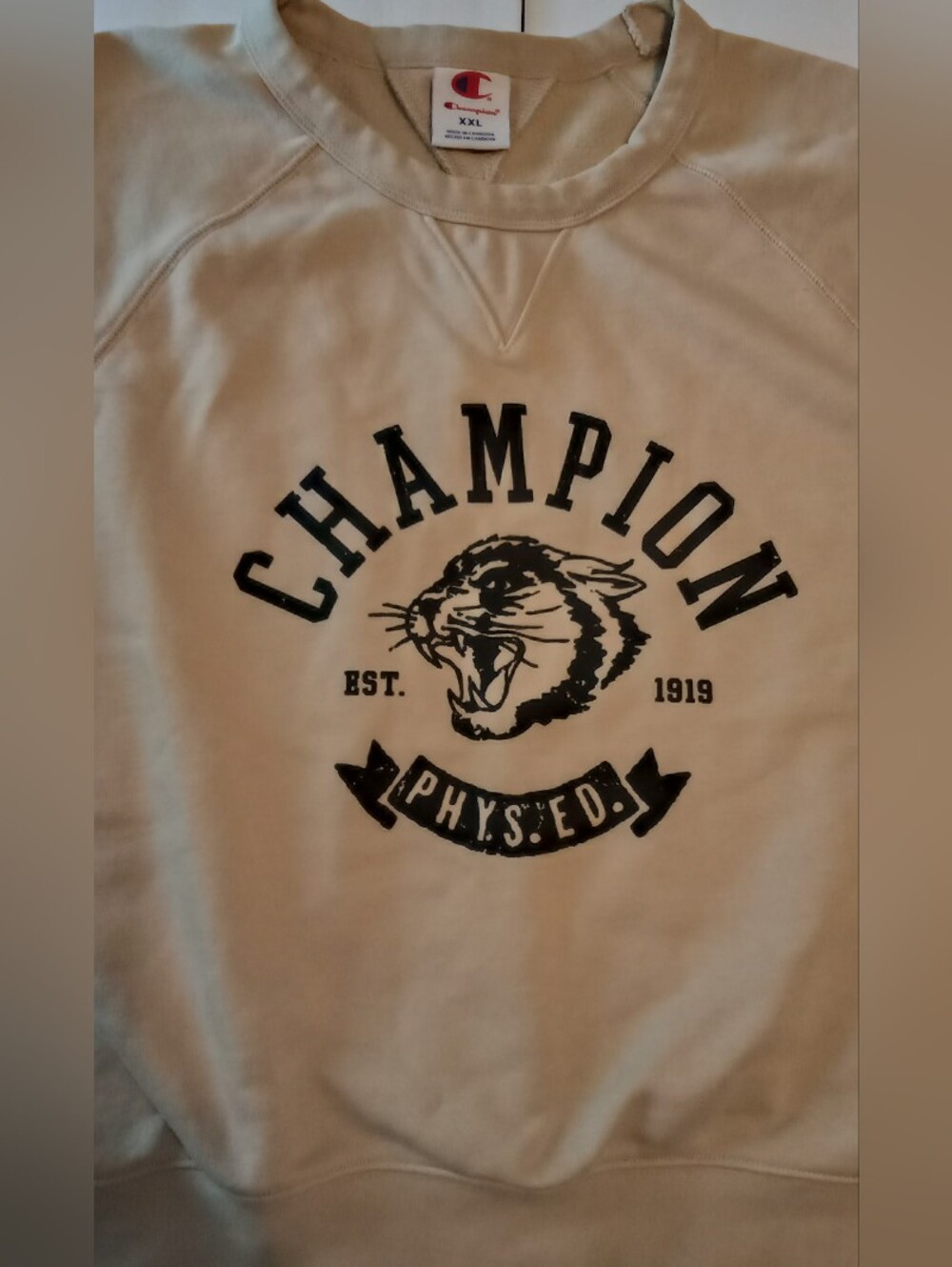 Champion Cream Crewneck Sweatshirt with Tiger Graphic